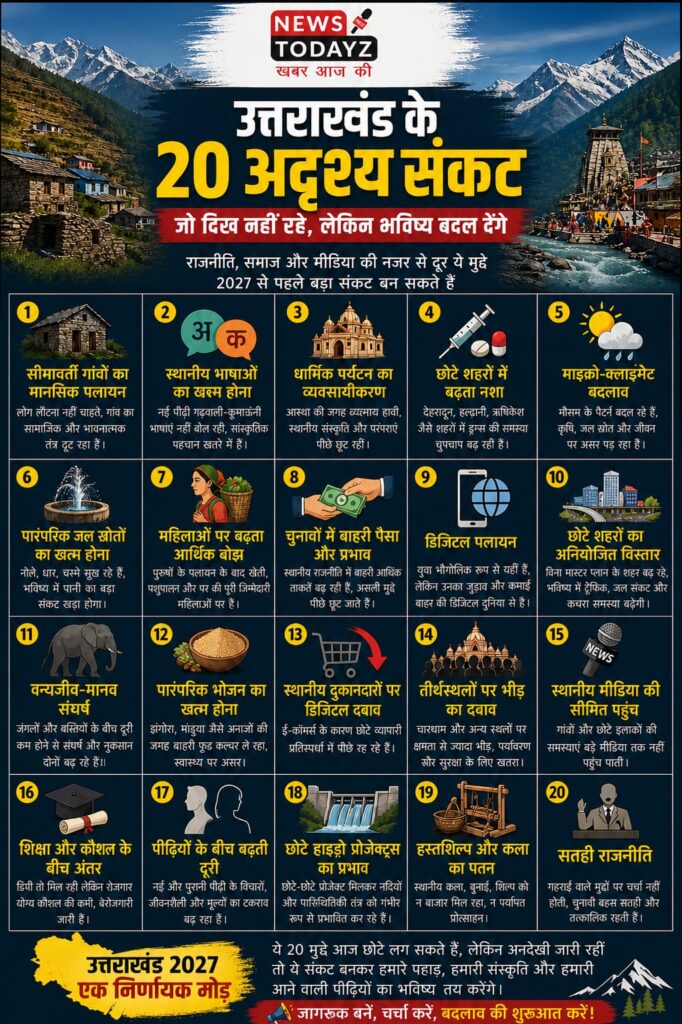 file 4 News Todayz उत्तराखंड के 20 अदृश्य संकट (2027 से पहले चेतावनी): राजनीति, समाज और भविष्य का गहराई से विश्लेषण