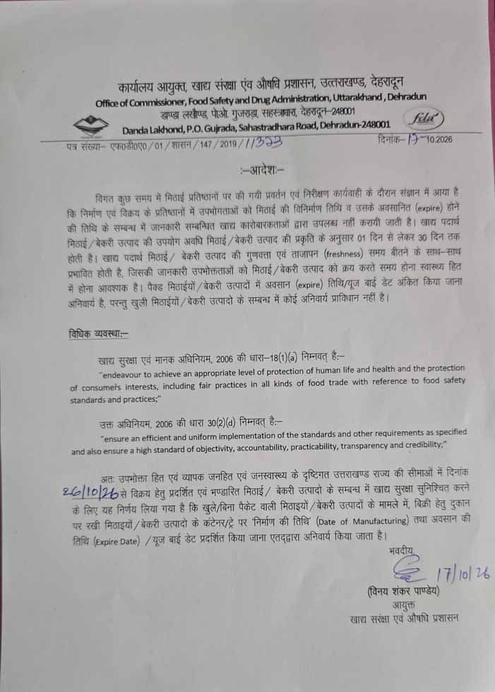 d 10 2 News Todayz मिठाई की ट्रे और काउंटर पर तारीख प्रदर्शित करना अनिवार्य, एफडीए आयुक्त विनय शंकर पांडेय ने जारी किए आदेश